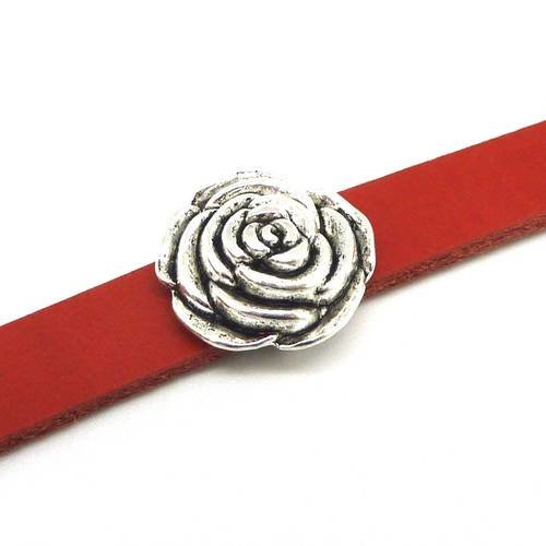 2 perles passant rose fleur ciselé en métal argenté pour lanière cuir de 10mm