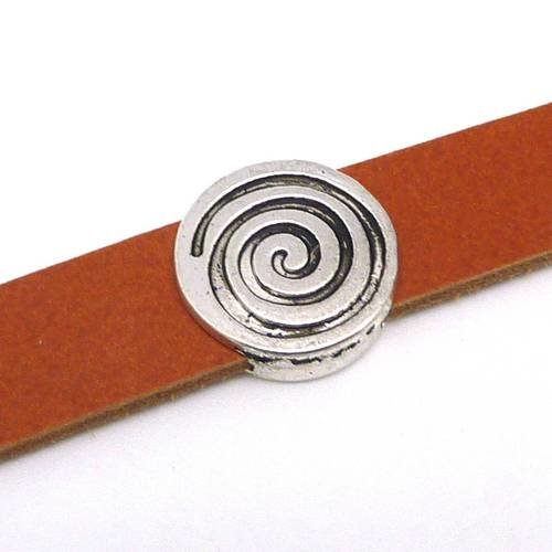 2 perles passant ronde motif spirale en métal argenté pour lanière de 13mm 