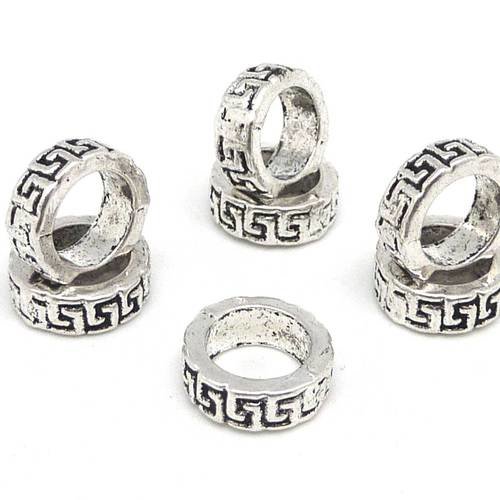 10 perles anneau, cylindre à gros trou 7,8mm donut en métal argenté vieilli travaillé