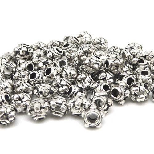 100 mini perles 3,7mm en métal argenté travaillé fine et petite - bracelet wrap fin