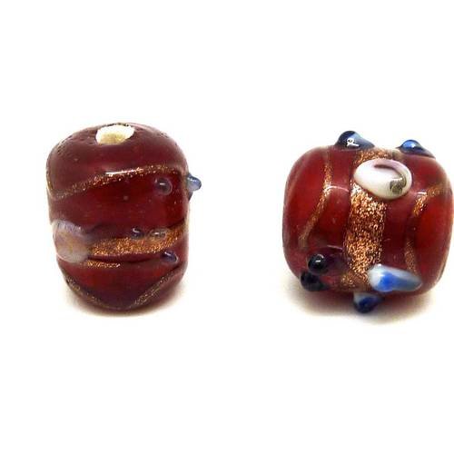 5 perles tube en verre style façon murano de couleur rouge et cuivré 13mm x 12mm