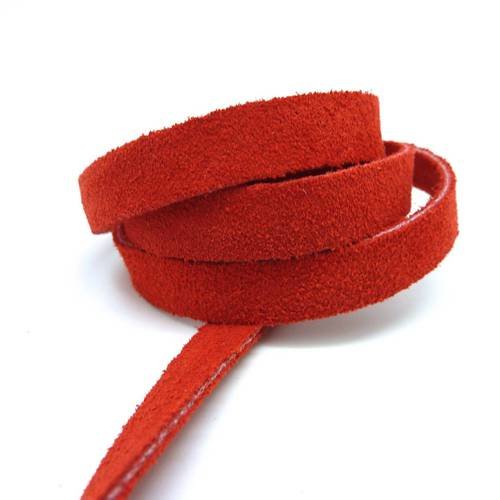50cm de cordon daim plat 10mm de couleur rouge rosé corail - daim veritable - cuir retourne 