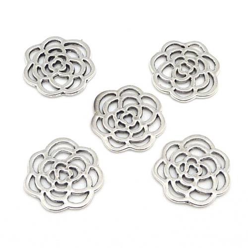 10 perles connecteur rose fleur en métal argenté 16mm intercalaire