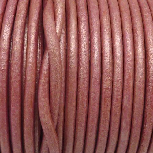 2m cordon cuir rond 3mm de couleur rose légèrement métallisé, nacré