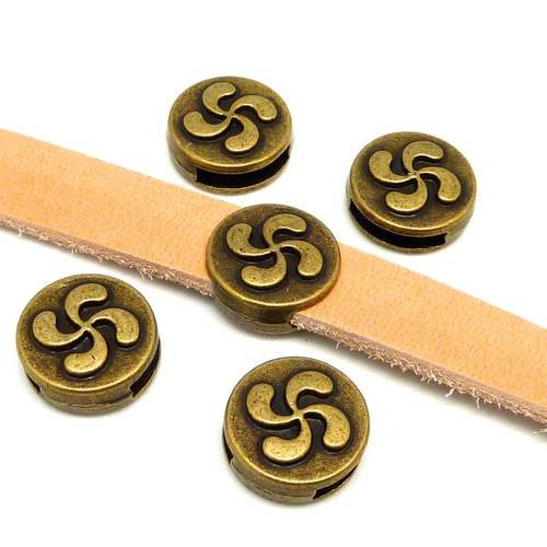 5 perles passant croix basque slide pour lanière de 10mm en métal de couleur bronze gravé