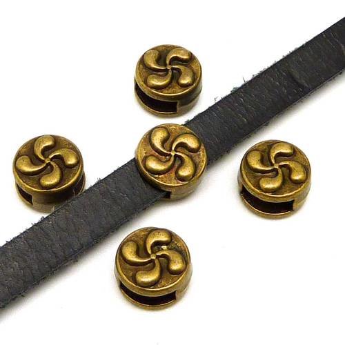 10 perles passant croix basque slide pour lanière de 6-6,5mm en métal de couleur bronze gravé