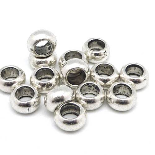 5 perles rondes aplaties 9,8mm en métal argenté lisse à gros trou 5,7mm 