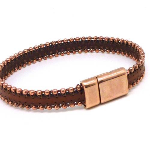 Kit bracelet cuir 10mm orné de chainette bille et fermoir aimanté en zamak couleur or rose cuir veritable 