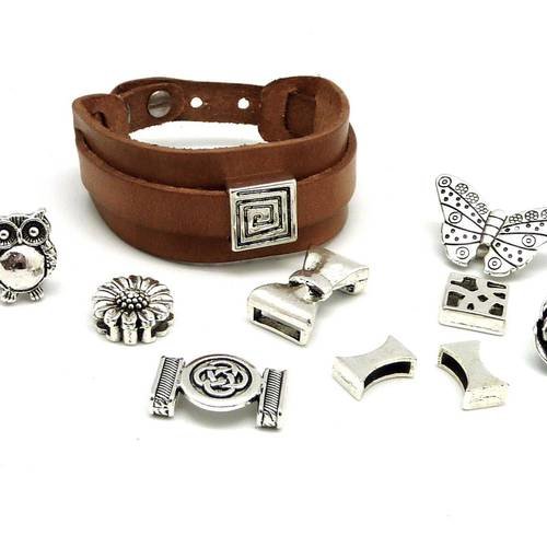 Kit bracelet cuir manchette ajustable avec lot de 10 perles passant en métal argenté à combiner : cuir veritable marron 