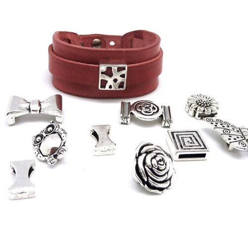 Kit bracelet cuir manchette ajustable avec lot de 10 perles passant en métal argenté à combiner : cuir veritable de couleur 