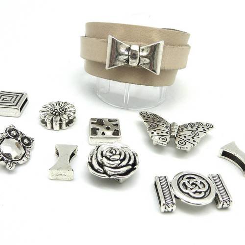 Kit bracelet cuir manchette ajustable avec lot de 10 perles passant en métal argenté à combiner : cuir veritable de couleur