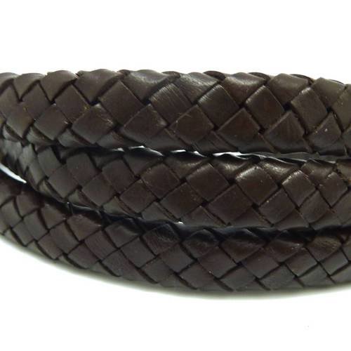20cm de cordon cuir plat ovale tressé épais 10mm x 4,2mm de couleur marron foncé - cuir veritable 