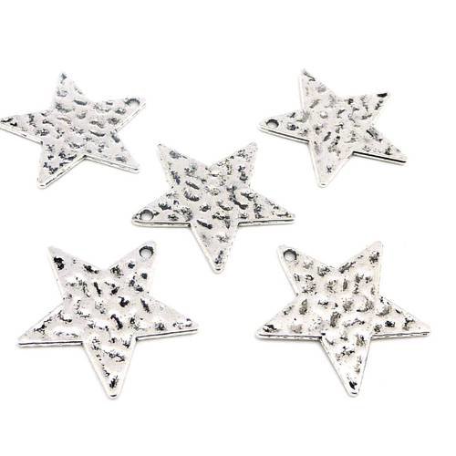 5 breloques étoile, pendentif 25mm en métal argenté martelé