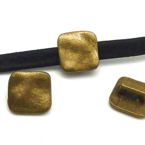 10 perles passant carré slide pour lanière de 4mm - 5mm en métal de couleur bronze martelé