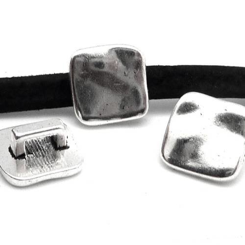 10 perles passant carré slide pour lanière de 4mm - 5mm en métal argenté martelé