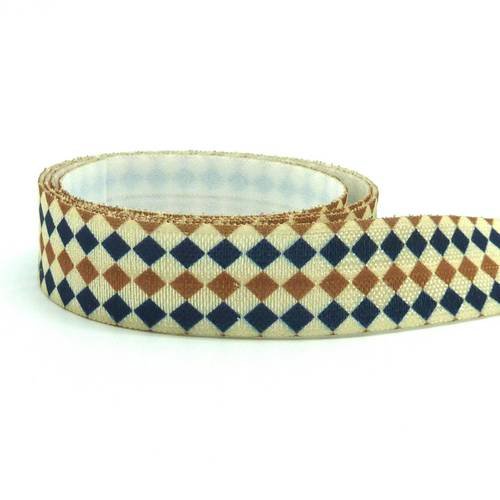 1m ruban élastique 15mm motif carreaux pour headband par exemple de couleur bleu marine, beige, marron jaune 