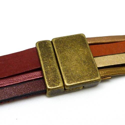 Fermoir aimanté rectangle manchette pour lanière cuir 19mm en métal de couleur bronze 