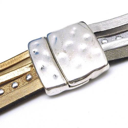 Fermoir aimanté manchette 19,5mm pour bracelet multirangs en métal argenté martelé ouverture fine 