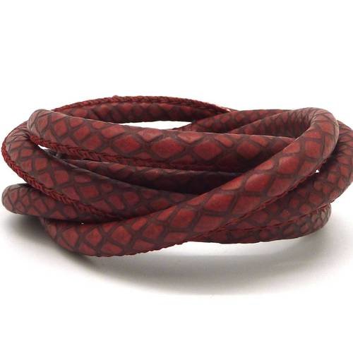 1m cordon simili cuir 6mm carreaux, jacquards, imitation serpent, écailles de couleur rouge grenat mat 