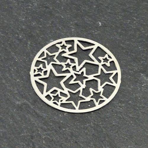 2 estampes en filigrane ronde motif étoile 20,4mm en métal argenté brillant blanc 