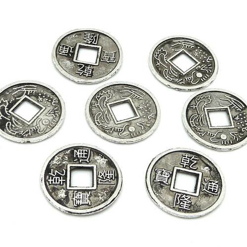 20 perles intercalaires sequins pièces chinoises 13,9mm en métal argenté 