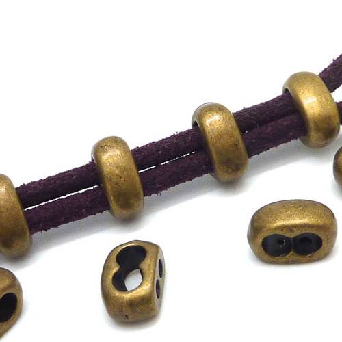 10 perles passant "double trou" pour cordon de 3mm en métal de couleur bronze pour cordon de 3mm