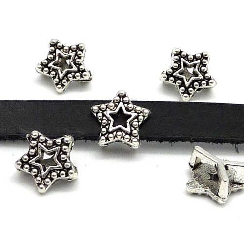 10 perles passant étoile travaillée évidée pour lanière de 6mm en métal argenté 