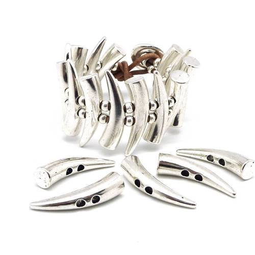 5 perles 2 trous en forme de défense d'éléphant, pointe en métal argenté idéal pour bracelet manchette par exemple