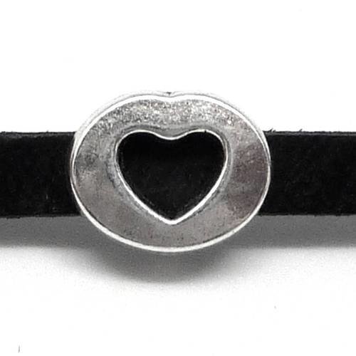 10 perles coeur en métal argenté slide pour lanière de 6mm, perles passant coeur en métal argenté 