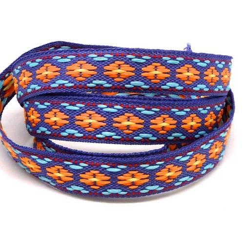 1m ruban ethnique tissé de largeur 12mm motif azteque de couleur violet , orange, bleu clair 