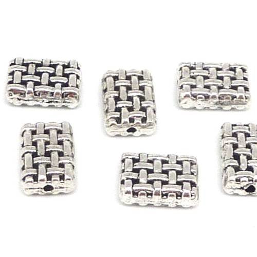 10 perles en métal argenté rectangle comme tissé, strié 11,7 x 8,4mm 