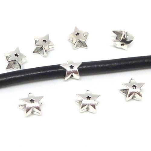 20 perles étoile en métal argenté, à gros trou 5mm x 6,8mm , perles passant 