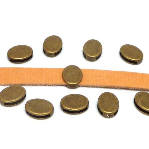 5 perles passant pastille ovale pour lanière de 10mm en métal de couleur bronze lisse 