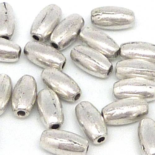 20 perles grain de riz, ovale, olive en métal argenté lisse 7,6mm x 4mm