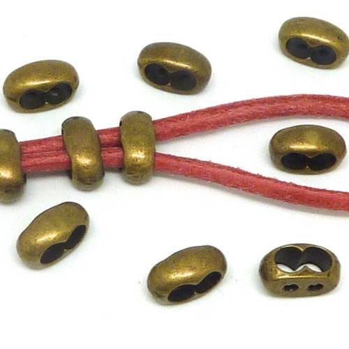 5 perles passant "double trou" 11,8 x 5,8mm en métal de couleur bronze pour cordons de 4mm