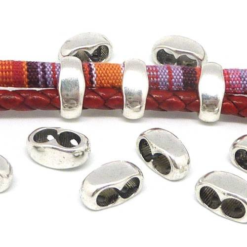 5 perles passant "double trou" en métal argenté pour cordon de 5,5-6mm adapté au cordon ethnique