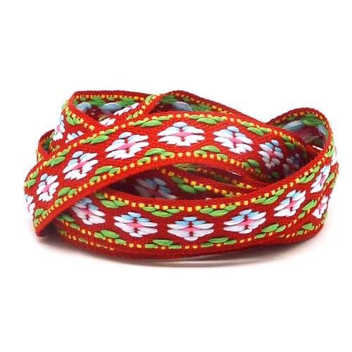 1m ruban ethnique tissé de largeur 12mm motif triangle azteque de couleur rouge, blanc, vert, rose 
