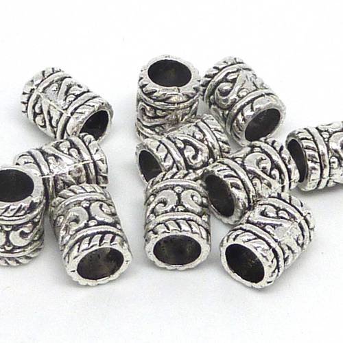 10 perles tube tonneau en métal argenté gravé à gros trou 5mm style ethnique