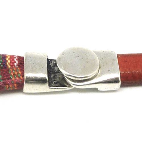 Fermoir crochet pastille bouton pour cuir regaliz ou 2 cordons de 6mm en métal argenté lisse - lanière ethnique
