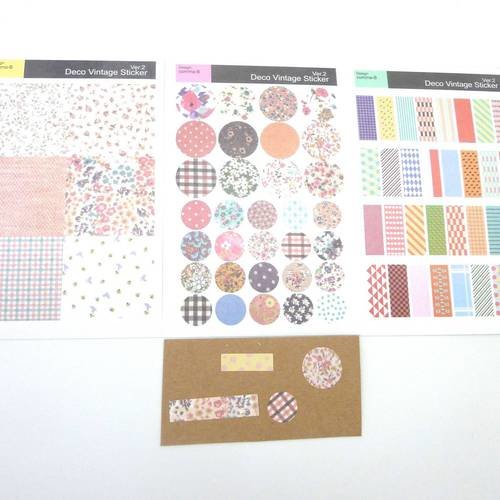 Lot de 3 planches d'étiquettes adhésives, stickers vintage pour embellir vos cartes : embellissement scrapbooking motif fleurs, carreaux, 