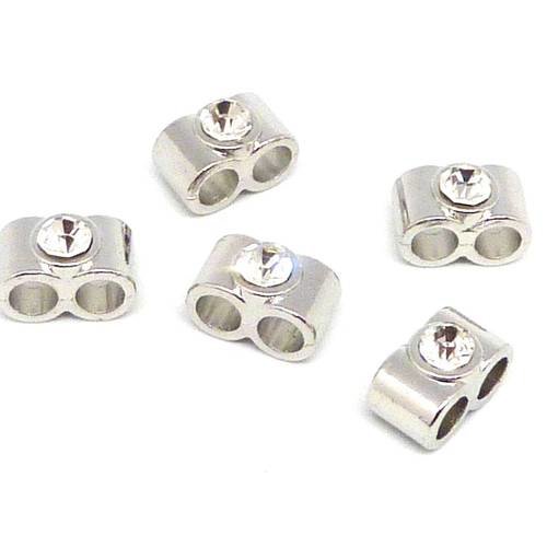 10 perles, connecteur multi rangs, 2 trous, 13,7mm en métal argenté avec strass pour cordon de 4,5 - 5mm 