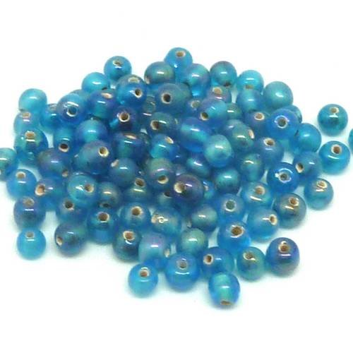 11g env. 100 perles en verre fine ronde 5mm bleu turquoise irisé rainbow 