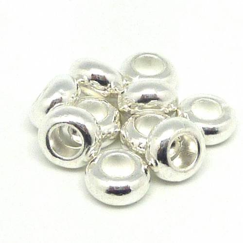 5 perles rondes aplaties 10mm en métal argenté lisse  à gros trou 5,2mm