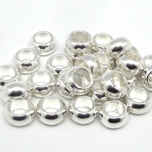 5 perles rondes aplaties 9,5mm en métal argenté brillant blanc lisse à gros trou 5,7mm 