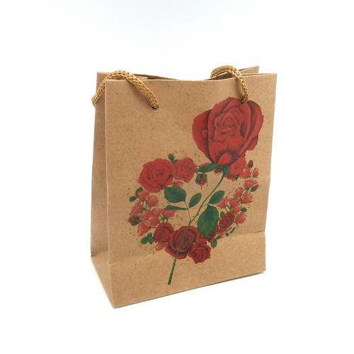 Pochette cadeaux 11 x 14,5cm motif rose rouge à soufflet en papier épais