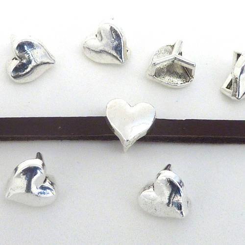 50 perles passant coeur lanière de 7mm en métal argenté