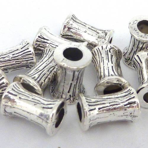 5 perles cylindre style diabolo 12,5mm en métal argenté strié