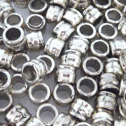 10 perles tube, cylindre 6,6mm en métal argenté gros trou 4,5mm