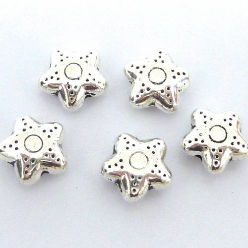 30 perles étoile 10,2mm en métal argenté gravé de points 