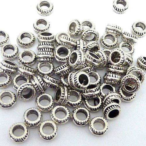 20 perles rondelles en métal argenté strié
